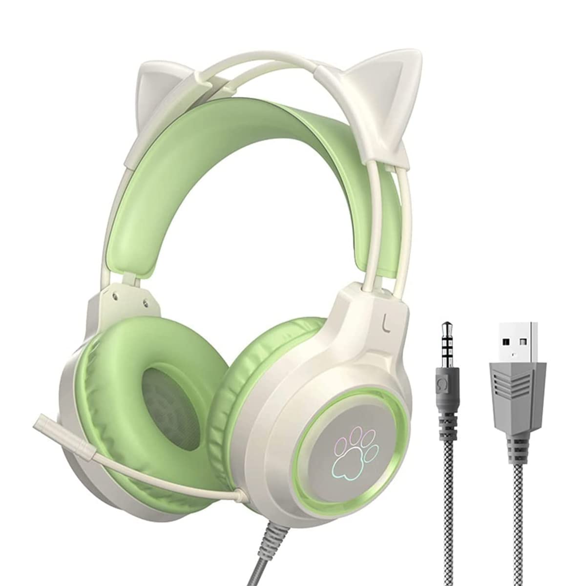 Photo 1 of **UNTESTED**
Gaming Headset with Removable Cat Ears, 3.5mm Wired Headphones with Adjustable Microphone, Extendable Padded headband, Noise Cancelling and RGB Light Headphones for Xbox/PS4/Switch/Mac/Phone (Green)