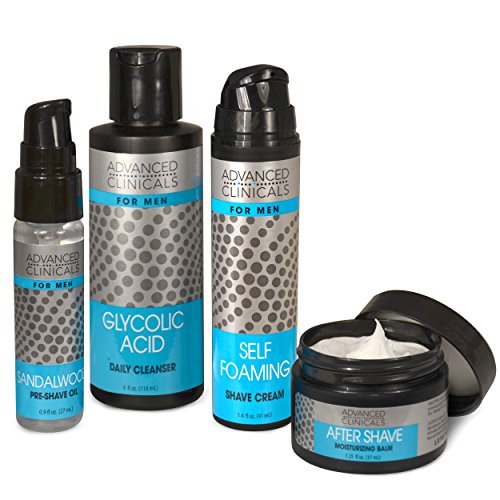 Advanced Clinicals Luxury Menâ€™s Shave Kit: Glycolic Acid Cleanser, Sandalwood Pre-shave Oil, Self-foaming Shave Cream, and After-shave Moisturizing Balm Cream