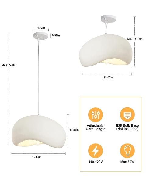 WILON DINING ROOM LIGHT FIXTURE, 19.7” WABI SABI PENDANT LIGHT, BIRD NEST SHAPE LIGHTING FIXTURE WITH E26 BASE, KITCHEN PENDANT LIGHTING OVER ISLAND, JAPANESE CEILING FIXTURE FOR DINING ROOM, BEDROOM