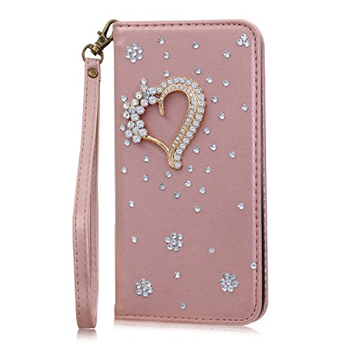 Funyye Bling Rhinestone Case for Huawei P20 Pro,Luxury Love Heart Crystals 3D Diamond Design Strap Magnetic Flip Soft Wallet Case with Stand Card Holder Slots PU Leather Case for Huawei P20 Pro