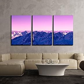 3 Piece Canvas Wall Art - Snow Covered Mountains Under Purple Sky - Modern Home Art Stretched and Framed Ready to Hang - 16"x24"x3 Panels