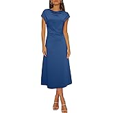 Happy Sailed Women's Spring Summer Short Sleeve Cowl Neck Ruched Waist Flowy A Line Midi Dresses Party Cocktail Dress