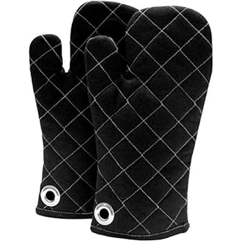 Cote De Amor Set of 2 Oven Mitts Gloves Bulk Heat Resistant Machine Washable, 100% Cotton Oven Mitts with Eyelet Hanger for Everyday Kitchen Cooking Baking BBQ, Black
