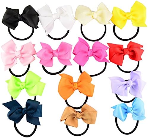 SEEKO Solid Color Handcraft Baby Grosgrain Ribbons Boutique Hair Ties Bows Kids Hair Tie Bands Ropes Hair Elastics Ponytail Toddler Fabric Mixed Colorful Hair Holder 14PCS