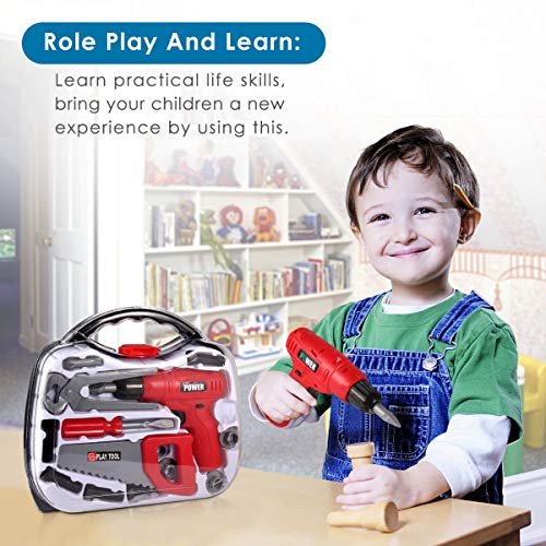 DAPRIL Kids Tool Set, Construction Tool Sets Pretend Play Toys with Electronic Cordless Drill and 14 Pretend Play Construction Accessories, The Best Popular Gift Toys for Boys & Girls