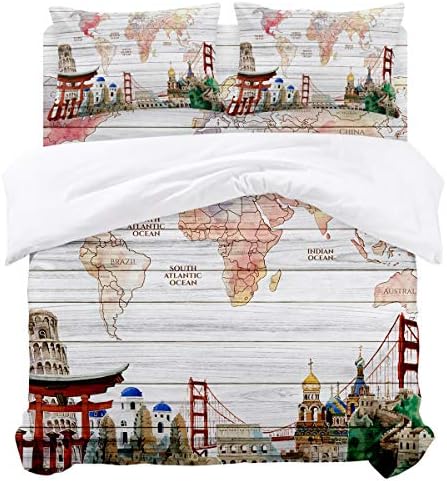 OUR WINGS 4 Piece Duvet Cover Set,Travel Theme World Map Statue of Liberty, Pyramid, Golden Gate Bridge, Japan Miyajima, London Big Ben Twin Size,Easy Care,Bed Cover with Zipper Closure and Ties