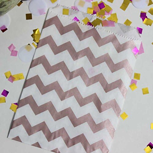 Rose Gold and White Chevron Stripe Party Favor Bags with Stickers, 5.5" W x 7.5" H, Set of 48 Navy Chevron Stripe Treat Bags and 48 Stickers