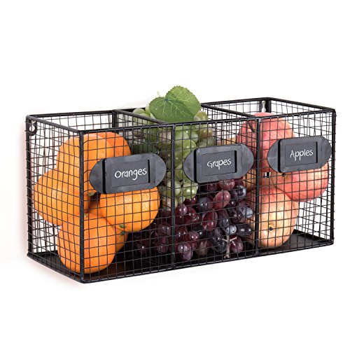 Wall Mounted Black Metal Wire 3 Bin Kitchen Pantry Organizer Basket, Mail Sorter w/ Chalkboard Labels