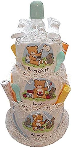 Feed Me 3 tiered Diaper Cake featuring Breakfast, Lunch and Dinner Feeding Bibs