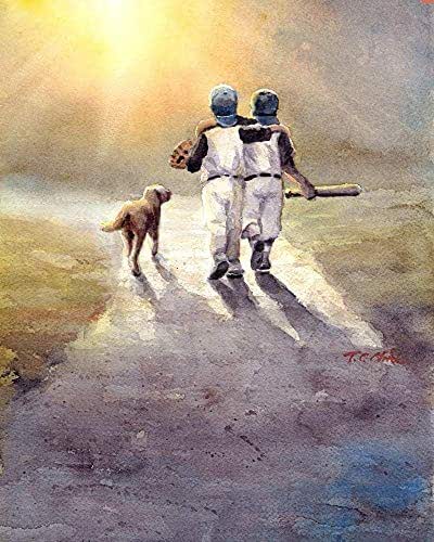 Amazon.com: Two Boys Ready To Play Baseball With Dog Art Print Of Watercolor Painting - Baseball Players With Dog : Handmade Products