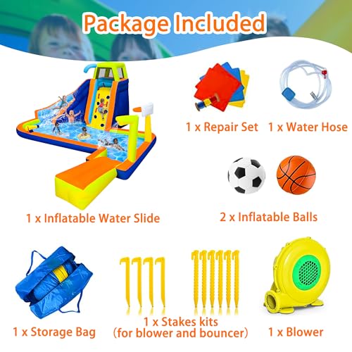 RETRO JUMP Inflatable Water Slide 8 in 1 Bounce House for Kids Backyard Waterslide with Slide,Climbing Wall,Splash Pool,Basketball Rim,Sprinkles,Water Gun,480W Blower Included,Water Park for Summer