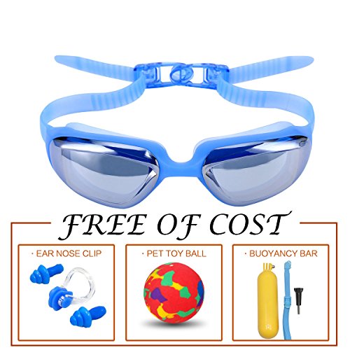 Mirrored Swimming Goggles, Comfortable and Stylish Swim Glasses with Anti Fog and UV Protection for Adults and Kids, Swimming Nose Clip Earplugs and diving buoyancy rods (blue)