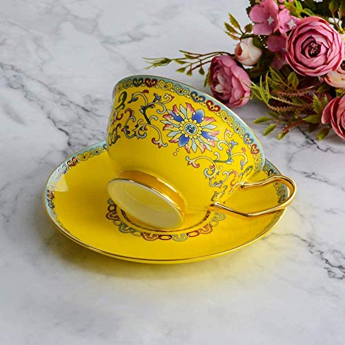 Tea Coffee Cup and Saucers Set Fine Bone Porcelain 6.8oz Hand-made Yellow Glaze Embossed Tea Cup with Matching Saucer