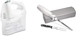Hamilton Beach 6-Speed Electric Hand Mixer with Snap-On Storage Case, White (62682RZ) & Hamilton Beach Electric Knife, Storage Case & Serving Fork Included, White (74250R)