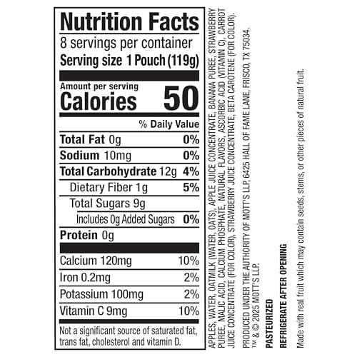 MOTT’S FRUIT SMOOTHIES STRAWBERRY BANANA, 4.2 OZ CLEAR POUCHES, 8 PACK, NON-DAIRY, MADE WITH OATMILK, MADE WITH REAL FRUIT, GOOD SOURCE OF CALCIUM, ON-THE-GO