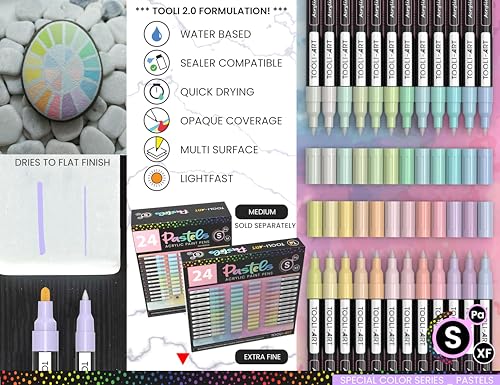 TOOLI-ART 24 acrylic pastel paint markers with extra fine 0.7mm tip for painting on rock, glass, wood, metal, canvas, details, non-toxic, quick drying.