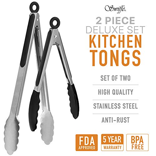 Swiffe Stainless Steel Set of 2 Kitchen Tong Set - Premium Multipurpose 9" with BPA Free Heat Resistant Silicone Tips and 12" with Metal Tips for BBQ, Grilling, Serving - Easy Lock, FDA Approved