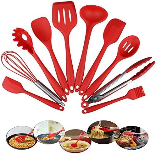Kitchen Utensils -10 Piece Cooking Utensils Silicone Kitchen Utensils Set,Heat-Resistant Non-Stick Cooking Baking Utensils with Hygienic Solid Coating Non-toxic Hygienic Safety Heat Resistant(Red)