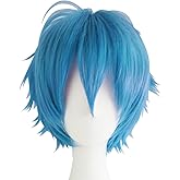 UUYYEO Short Anime Wig Layered Synthetic Wig Cosplay Party Wig Fluffy Hair Wig Halloween Costume Wig Fancy Dress Wig Carnival Night Club Wig for Women Men Light Blue