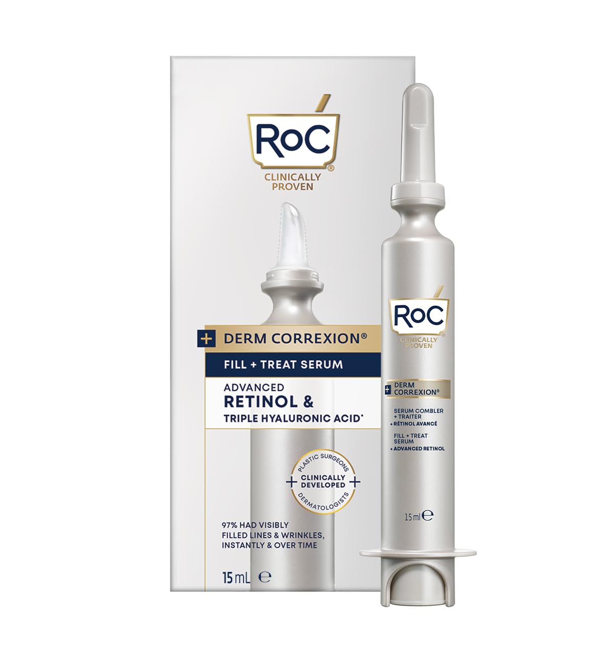 RoC Derm Correxion Serum Fill + Treat for Face, Neck, & Jawline, Wrinkle Filler, Advanced Retinol & Triple Hyaluronic Acid - 15ml