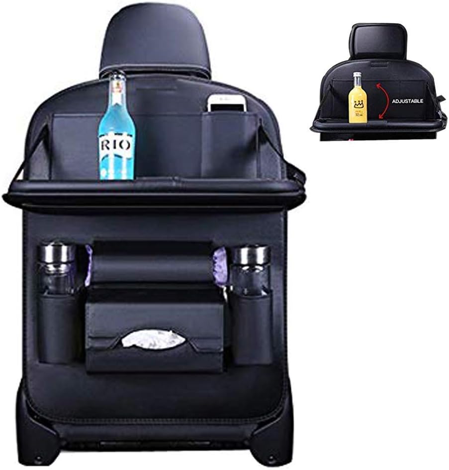 Car Seat Protector Backseat Organizer Table Tray Foldable Dining Table with iPad and Tablet Holder Multi-Pockets Storage, Travel Accessories Organizer (Black Upgrade)