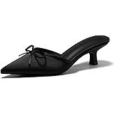 Coutgo Womens Kitten Heels Mules with Bow Satin Slip on Pumps Closed Pointed Toe Dress Wedding Party Shoes