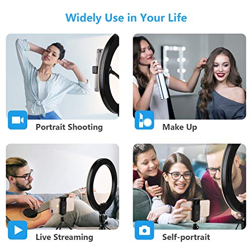 LED 10” Ring Light with Tripod Stand & Phone Holder for Tik Tok & Live Streaming, Dimmable USB Powered Desktop Makeup Ring Lights with 3 Color & 10 Brightness for Youtube Video Photography Shooting