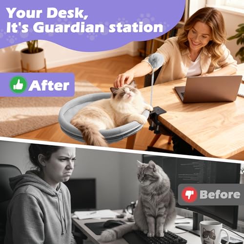 RASSR Cat Desk Bed with Teaser Wand, Under Desk Cats Bed Platform with Sturdy Clamp, Space-Saving Cat Perch Mounts Underneath Desk for Large Cats,For Gift,Present(grey)