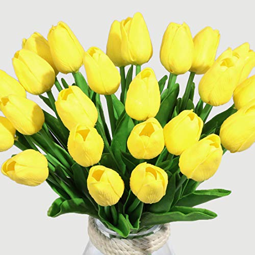 Veryhome Artificial Tulips Fake Tulip Flower Latex Material Real Touch Bouquets for Wedding Room Home Hotel Party Decoration and DIY Decor (Yellow-10PCS)