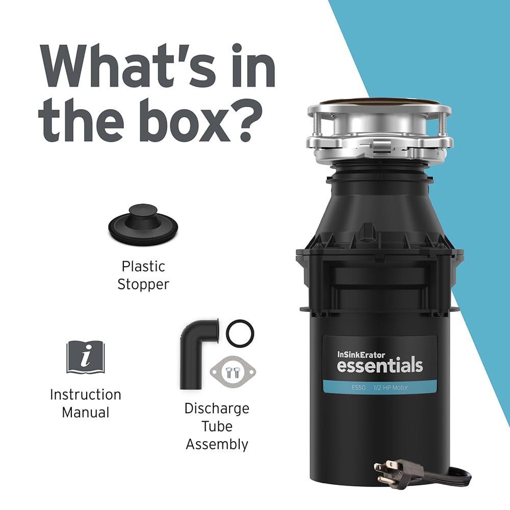 InSinkErator Essentials ES50 Kitchen Garbage Disposal with Power Cord, 1/2 HP Motor Continuous Feed Food Waste Disposer, ES50 W/C