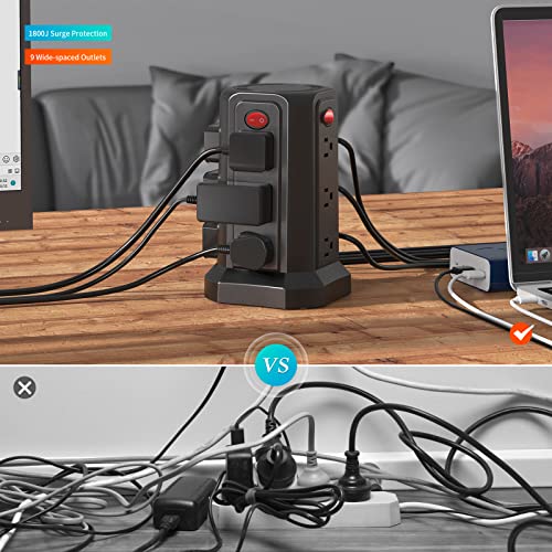 Power Strip Surge Protector Tower with 1800J Protection,12 AC Multiple Outlets Power Tower,6.5FT Extension Cord Flat Plug, for Smartphone Home Office Tablet Dorm Room