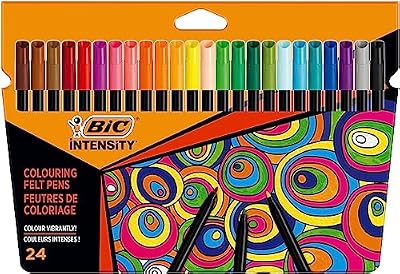 Intensity Feutres de Coloriage Encre Lavable à Base d'Eau - Corps Noir - Couleurs Assorties, Pack de 24