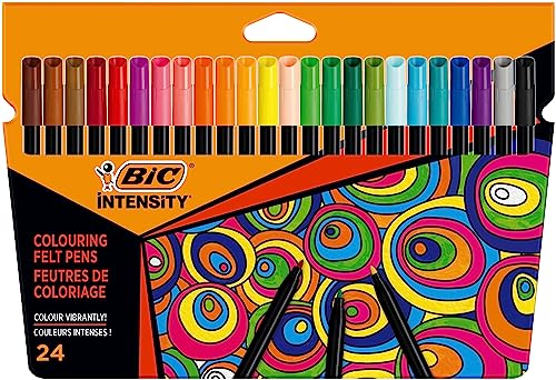Intensity Feutres de Coloriage Encre Lavable à Base d'Eau - Corps Noir - Couleurs Assorties, Pack de 24