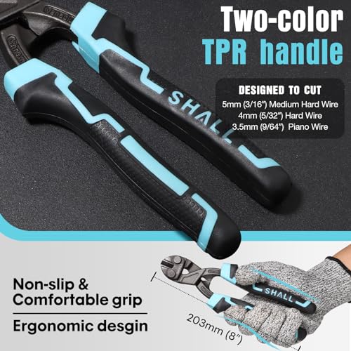 SHALL 8" Mini Bolt Cutter, Small Heavy Duty Wire Cutter, Grip Area for Pulling Nails and Grabbing Wires, More Efficient Leverage, Belt Pouch Included