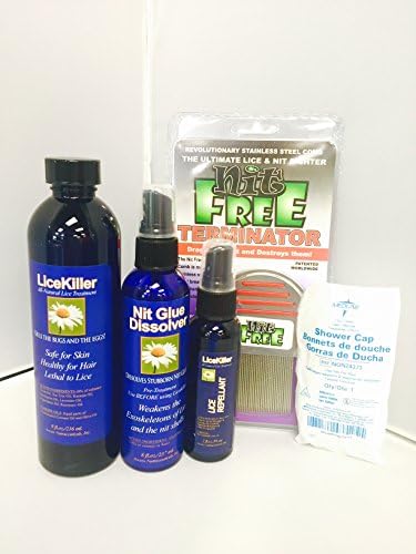 Lice Killer Kit, 8 oz LiceKiller, 4 oz Nit Glue Dissolver, 2 oz Lice Repellant, Comb, Shower Cap