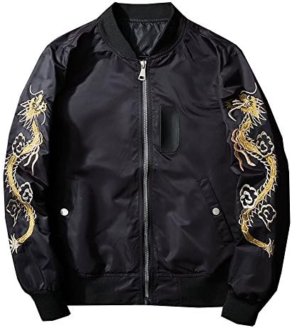 Men's Fashion Chinese Dragon Embroidered Totem Bomber Jacket Windbreaker Moto Bomber Jacket