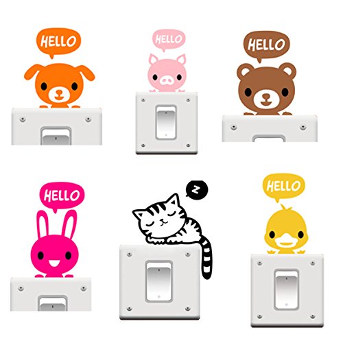 Buytra 6 Pieces Cute Animals Wall Stickers Switch Decor Decals Art Mural Baby Nursery Room,Pig Rabbit Duck Bear Cat Dog