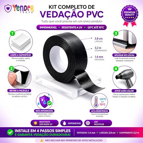 Tender Trove Fita Vedacao PVC Preta Para Banheiro Cozinha e Eletrodomesticos, Impermeavel Prova Dagua, Veda Frestas e Impede Insetos, 3,8cm x 3,2m (1)