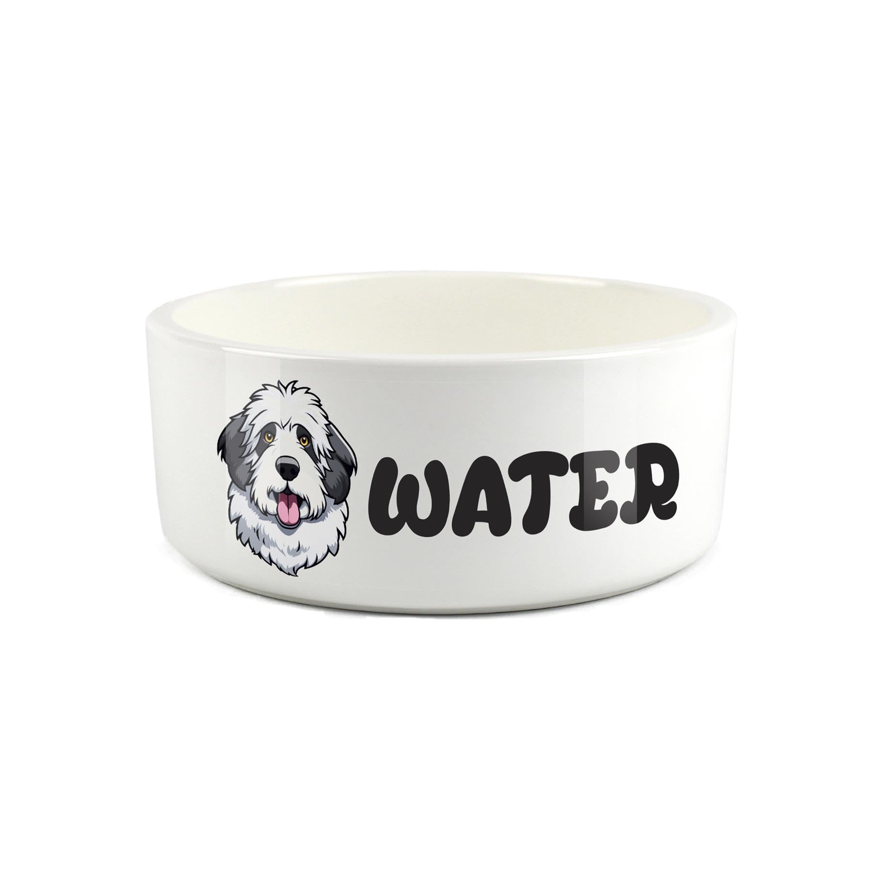 Old English Sheepdog Pet Bowl - Cartoon Dog Portrait Large Ceramic Water Bowl - Novelty White Water Dish For Dogs