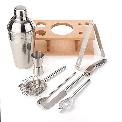 WXLAA Stainless Steel Cocktail Shaker Mixer Drink Bartender Martini Tools Bar Set Kit with Wood Stand 550ML