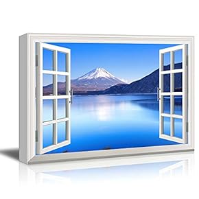Window View Canvas Wall Art - Peaceful Blue Lake and Mountains - Giclee Print Gallery Wrap Modern Home Art Ready to Hang - 12x18 inches