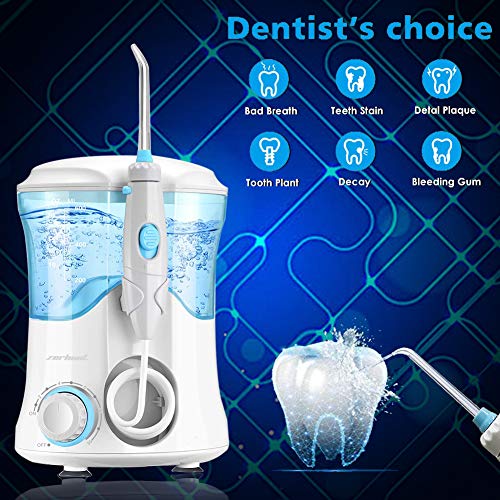 Dental Water Flosser Teeth Cleaner - Zerhunt High Frequency Pulsed Water Pick Electric Oral Irrigator with 7 Interchangeable Nozzles For Braces, Implants, Bridges,600ML Large Capacity White