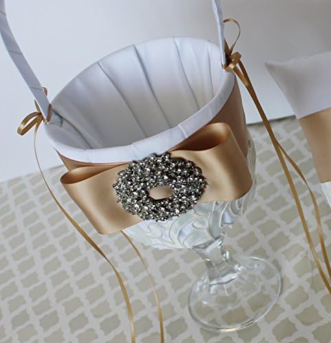 Wedding Flower Girl Basket White and Champagne with Ivory Embroidery Lace Customizable