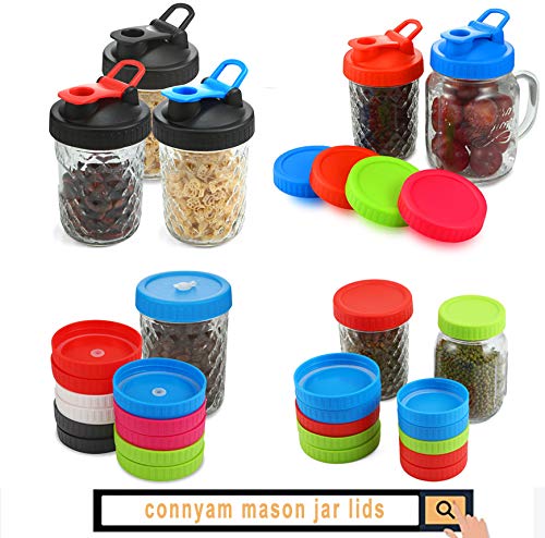 CONNYAM Wide Mouth Mason Jars with Lids (2pcs Jars, 16 oz/Pint), Including 2pcs Flip Top Lids and 2pcs Leakproof Lids and 2pcs Drink Lids with Straw Hole