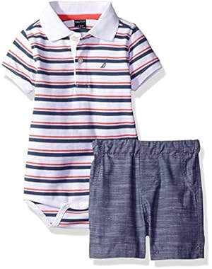 Nautica Baby Boys' Striped Polo Shirt with Chambray Pull on Short Set