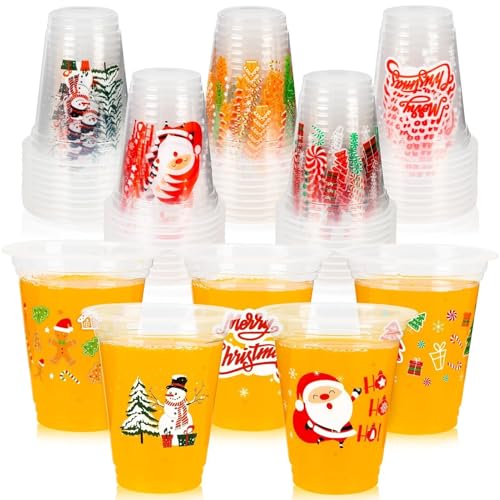 GuassLee Christmas Disposable Cups - 50 Pack 12 OZ Clear Disposable Christmas Plastic Cups Set with 5 Styles Patterns for Kids Adults Xmas Party Favors Coffee Wine Cold Drinks