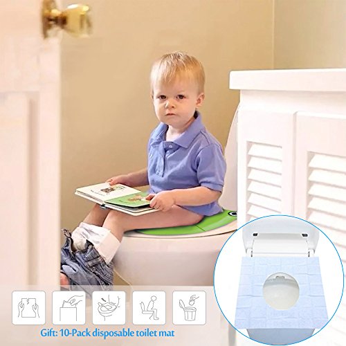 PITAYA Travel Portable Folding Potty Training Toilet Seat Cover, Non Slip Silicone Pads, Suitable for Kids Baby Boys and Girls (Green)