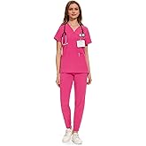 COZYFIT Medical Scrubs for Women Set - Curved V-Neck Scrub Top & Jogger Pants with 8 Pockets