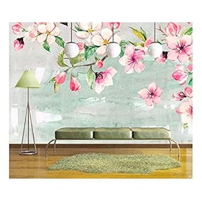 Large Wall Mural - Watercolor Style Ink Painting Pink Cherry Blossom on Abstract Background | Self-Adhesive Vinyl Wallpaper/Removable Modern Wall Decor - 66x96 inches