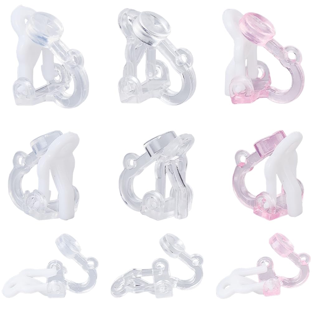 SUNNYCLUE 1 Box 120Pcs 3 Colors Plastic Earrings Clips Earring Converter Clip on Earrings with Loops Transparent White Pink Clip-on Earring Findings for Non Pierced Ears jewellery Making DIY Crafts